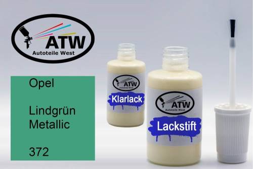 Opel, Lindgrün Metallic, 372: 20ml Lackstift + 20ml Klarlack - Set, von ATW Autoteile West.